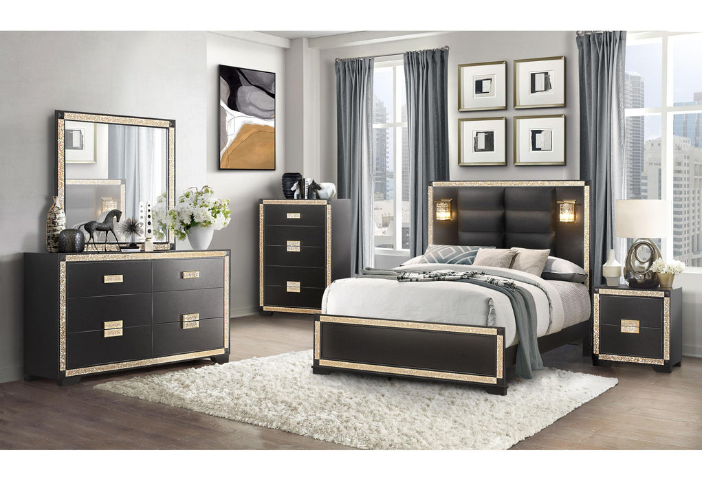 BLAKE BLACK/GOLD KING BED WITH LAMPS, DRESSER, MIRROR, 2 NIGHTSTAND