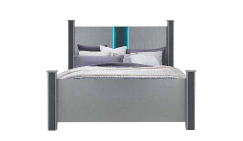 LOGAN SILVER QUEEN BED, DRESSER, MIRROR AND NIGHTSTAND