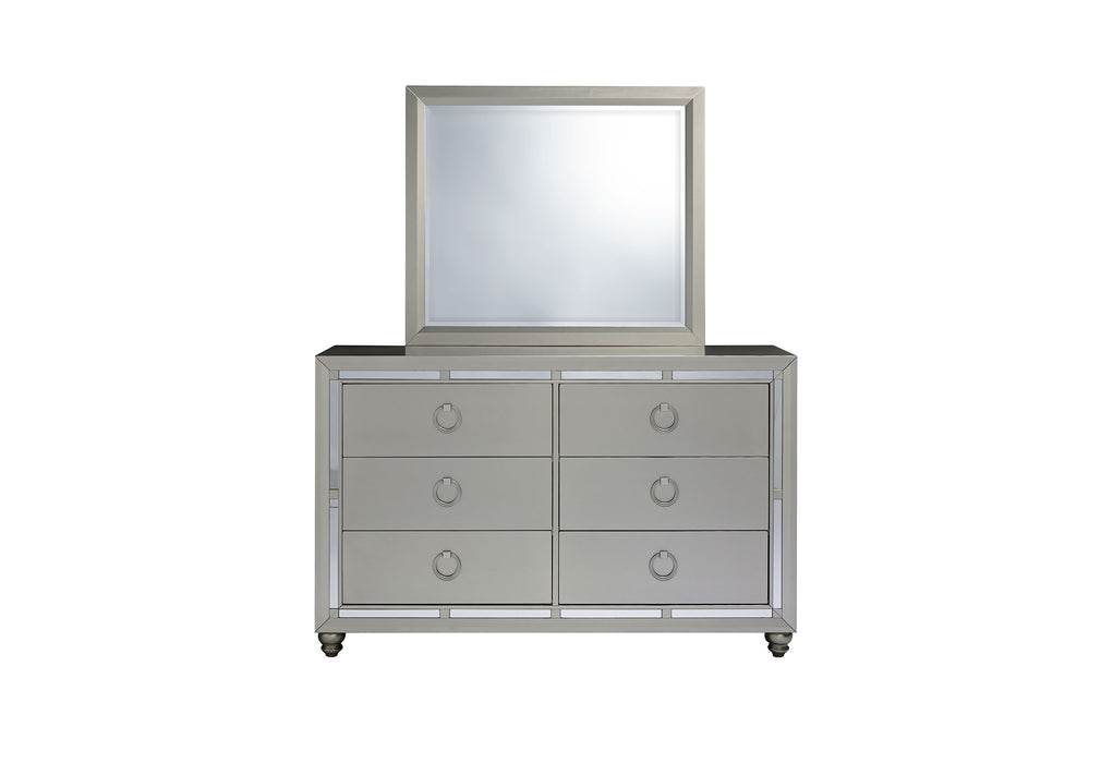 RILEY SILVER KING BED, 2 DRESSERS, MIRROR AND 2 NIGHTSTANDS