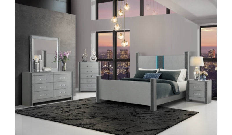 LOGAN SILVER QUEEN BED, DRESSER, MIRROR AND NIGHTSTAND