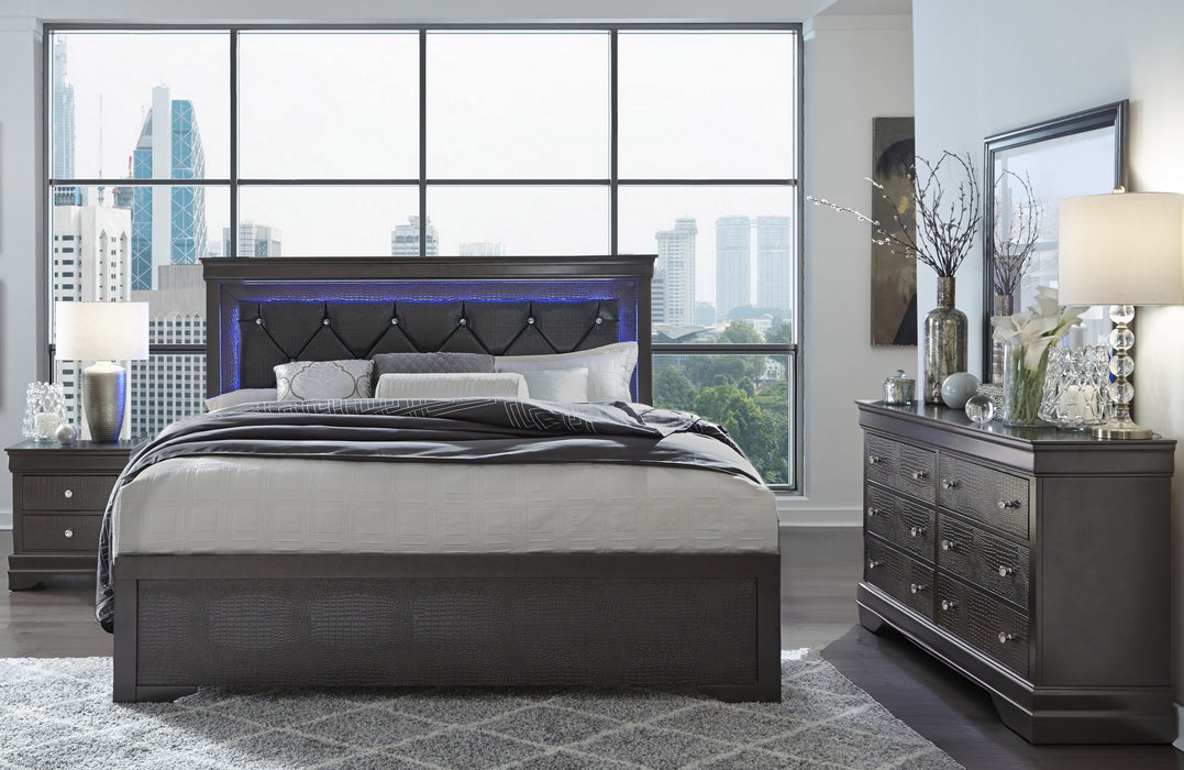 POMPEI METALLIC GREY QUEEN BED GROUP WITH LED