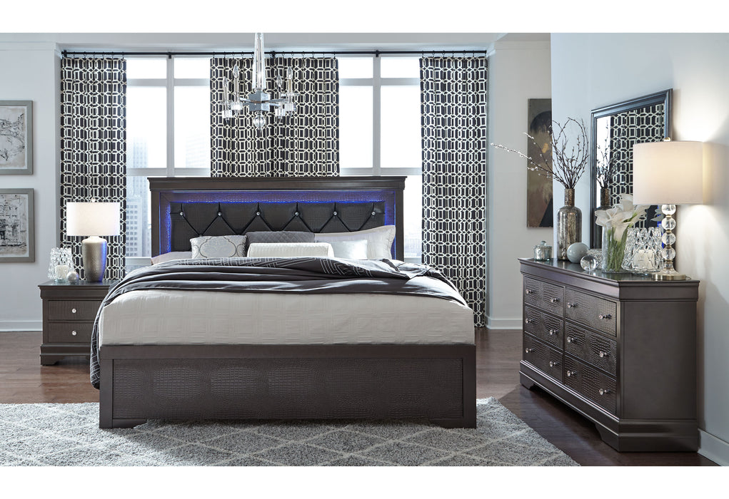POMPEI METALLIC GREY QUEEN BED W/LED, DRESSER, MIRROR AND NIGHTSTAND